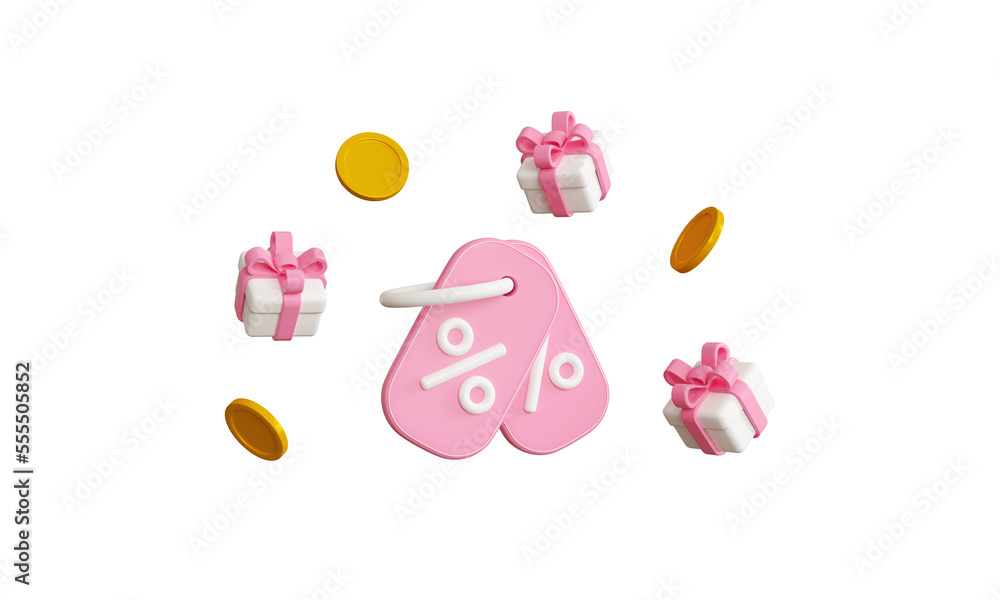 3d pink coupons with white gifts, with gold coins on isolated background. Promotion for your ads with present box and voucher. 3d rendering illustration.