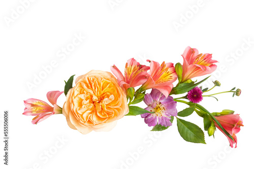 Fototapeta Naklejka Na Ścianę i Meble -   floral layout from peach and orange and purple flowers on a transparent background. Top view, flat lay. 