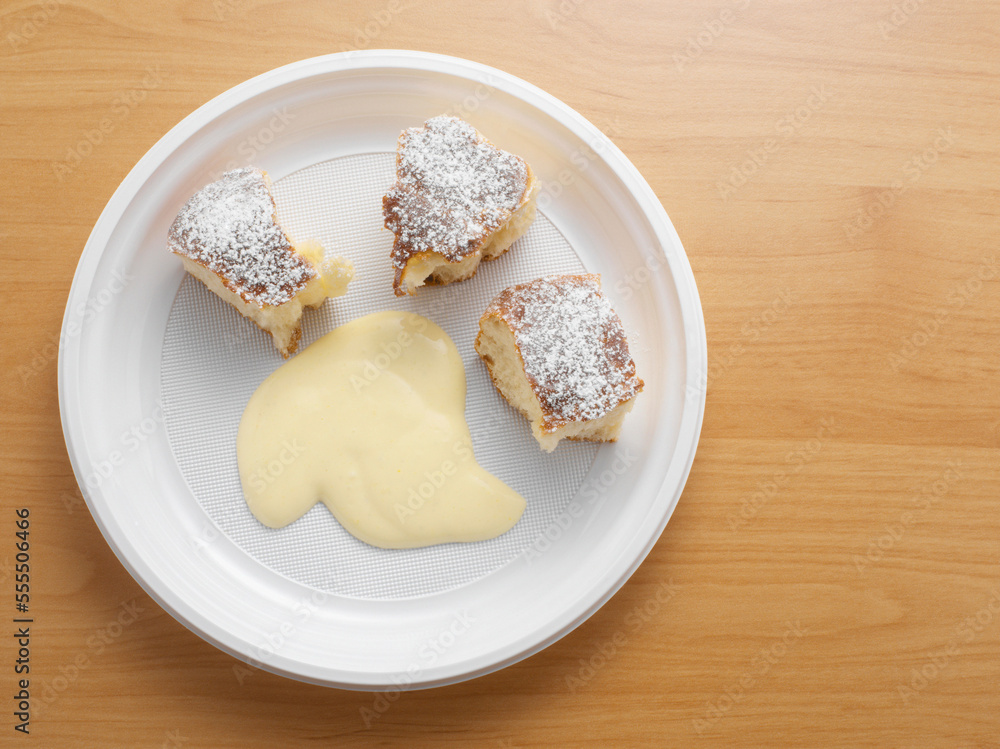 Overhead View of Sweet Dumplings with Vanilla Sauce, Studio Shot Overhead View of Sweet Dumplings with Vanilla Sauce, Studio Shot