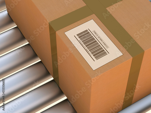 3D-Illustration of Parcel Return Service on Conveyor Belt photo