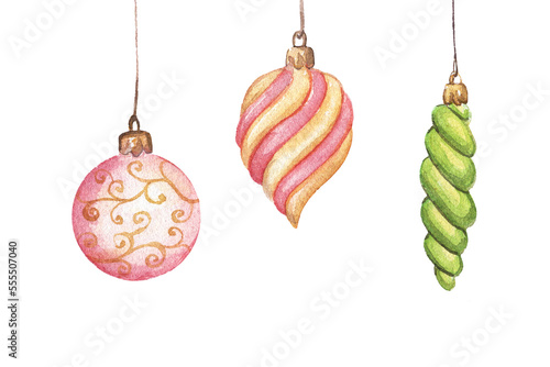 A set of Christmas tree toys that hang from above. Watercolor objects on a white background.