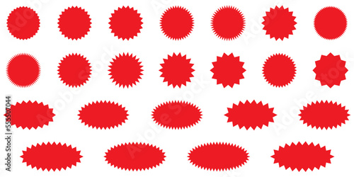 Starburst red sticker set - collection of special offer sale round and oval sunburst labels and buttons isolated on white background. Stickers and badges with star edges for promo advertising.