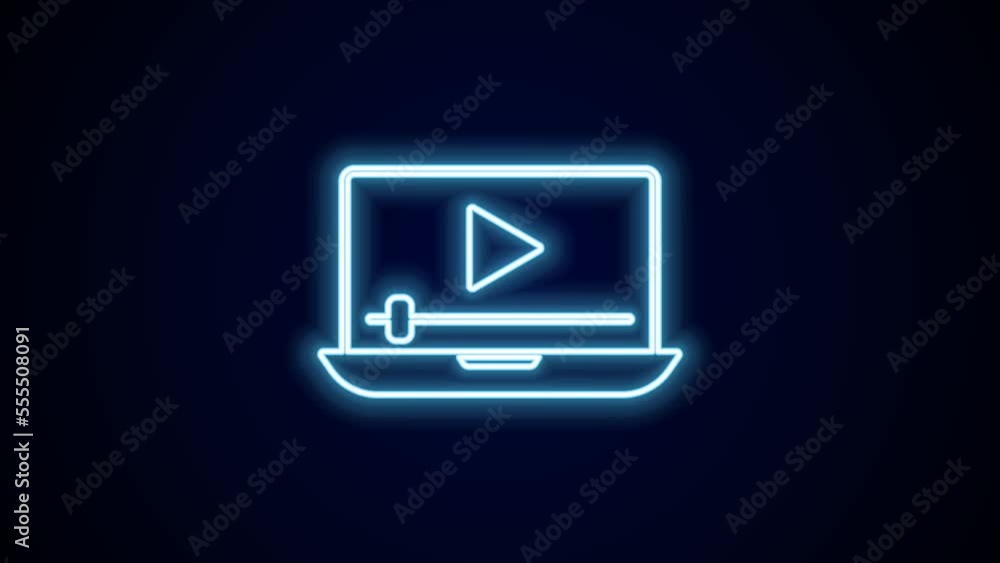 Glowing neon line Online play video icon isolated on black background. Laptop and film strip with play sign. 4K Video motion graphic animation Glowing neon line Online play video icon isolated on black background. Laptop and film strip with play sign. 4K Video motion graphic animation