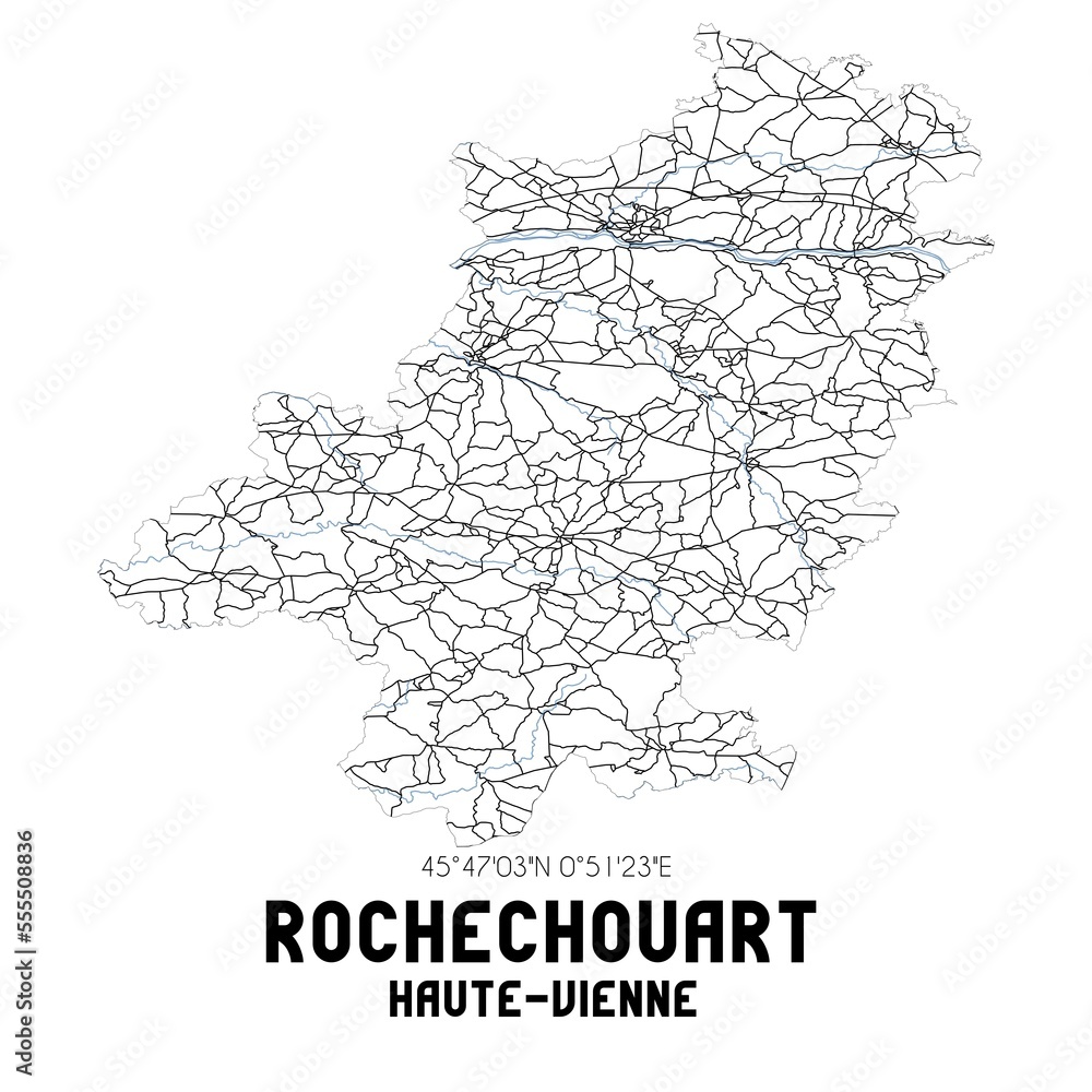 Black and white map of Rochechouart, Haute-Vienne, France.