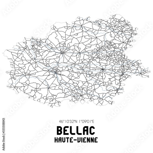 Black and white map of Bellac, Haute-Vienne, France. photo