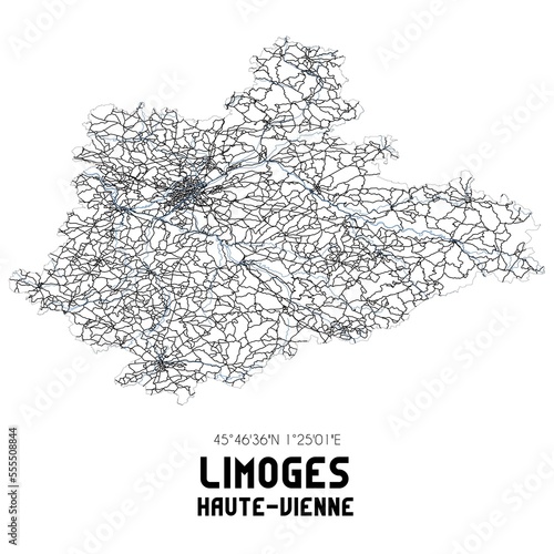 Black and white map of Limoges, Haute-Vienne, France.
