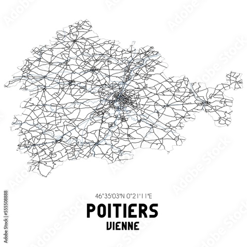 Black and white map of Poitiers, Vienne, France.