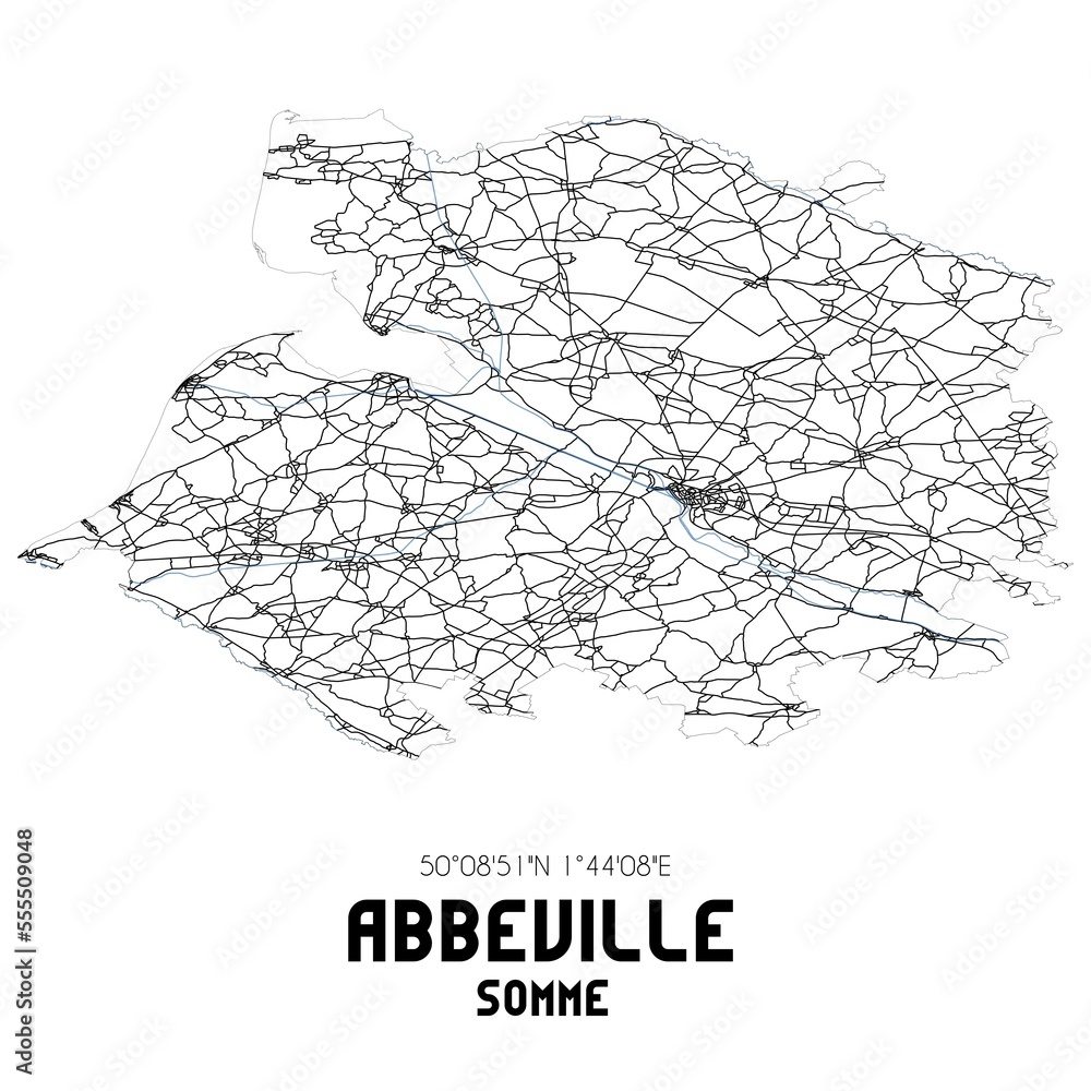 Black and white map of Abbeville, Somme, France.