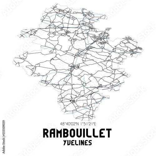 Black and white map of Rambouillet, Yvelines, France.