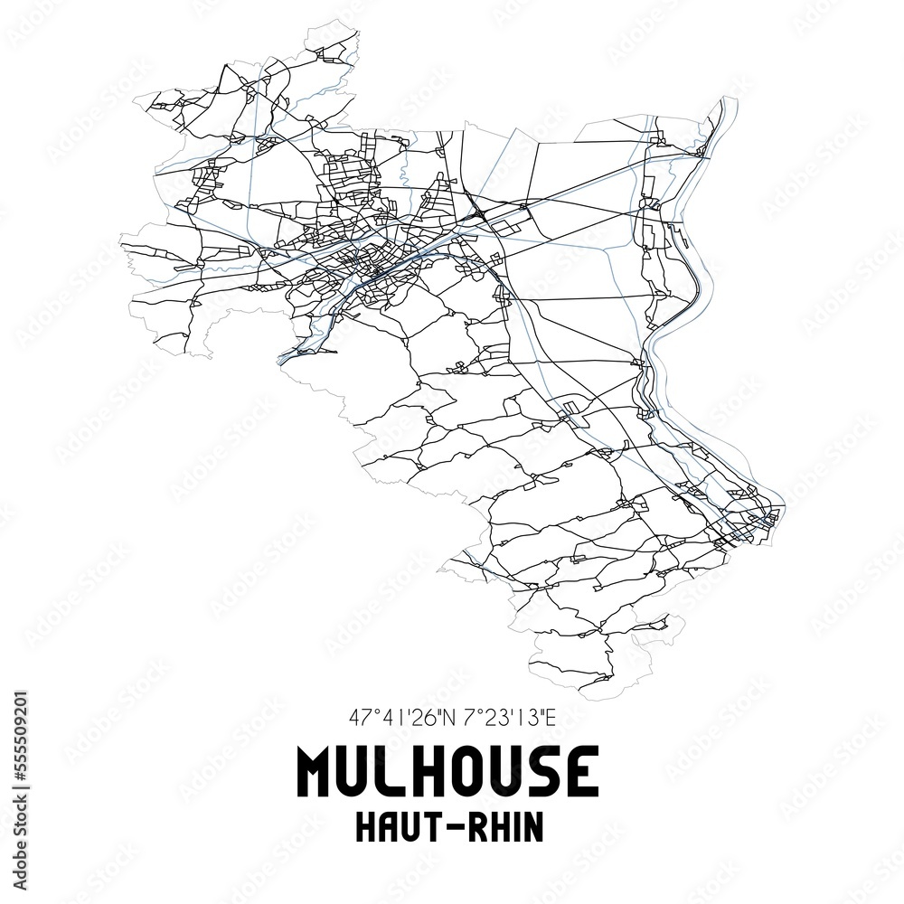 Black and white map of Mulhouse, Haut-Rhin, France.