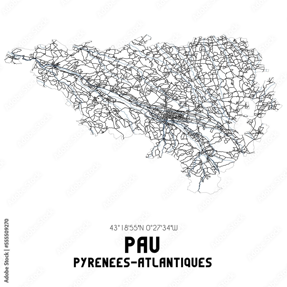 Black and white map of Pau, Pyr�n�es-Atlantiques, France.