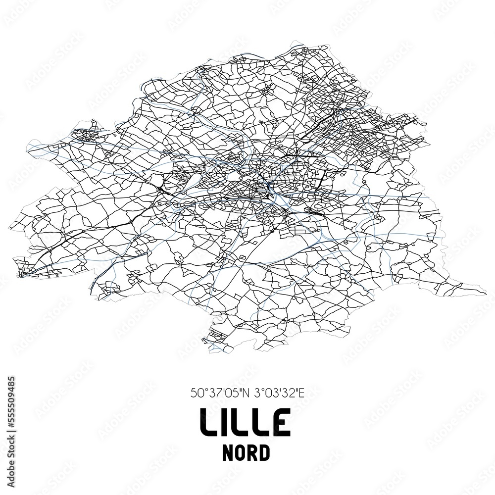 Black and white map of Lille, Nord, France.