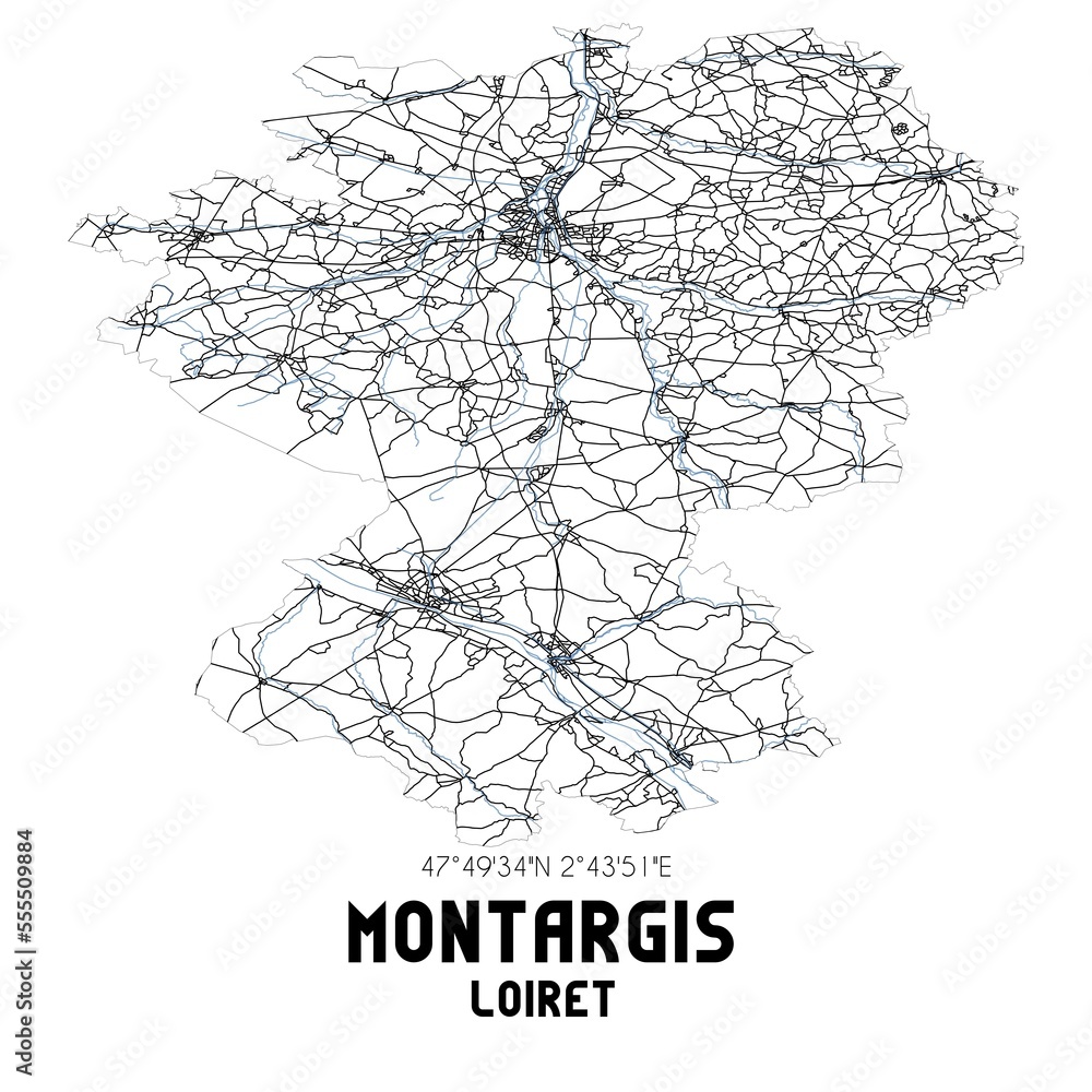 Fototapeta premium Black and white map of Montargis, Loiret, France.