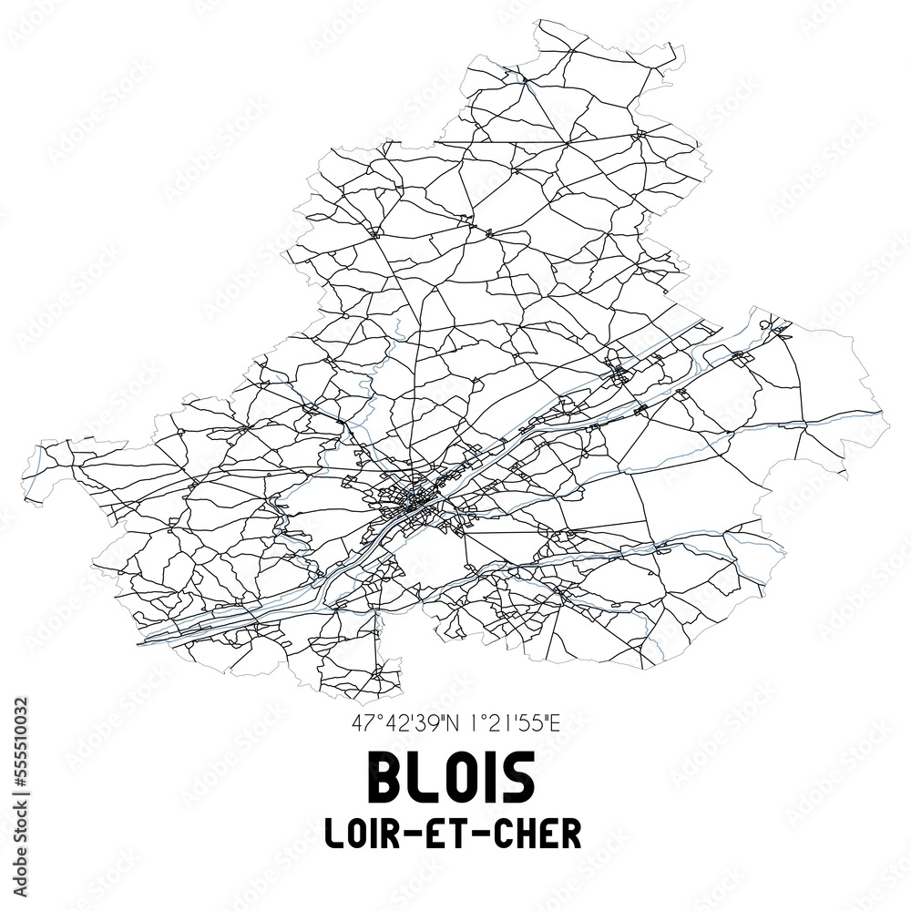 Obraz premium Black and white map of Blois, Loir-et-Cher, France.