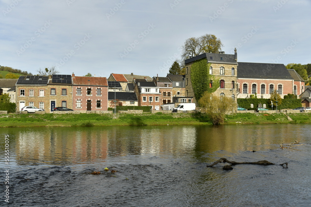 Fototapeta premium Les maisons le long de l'Amblève dans une nature bucolique à Remouchamps près d'Aywaille en province de Liège 