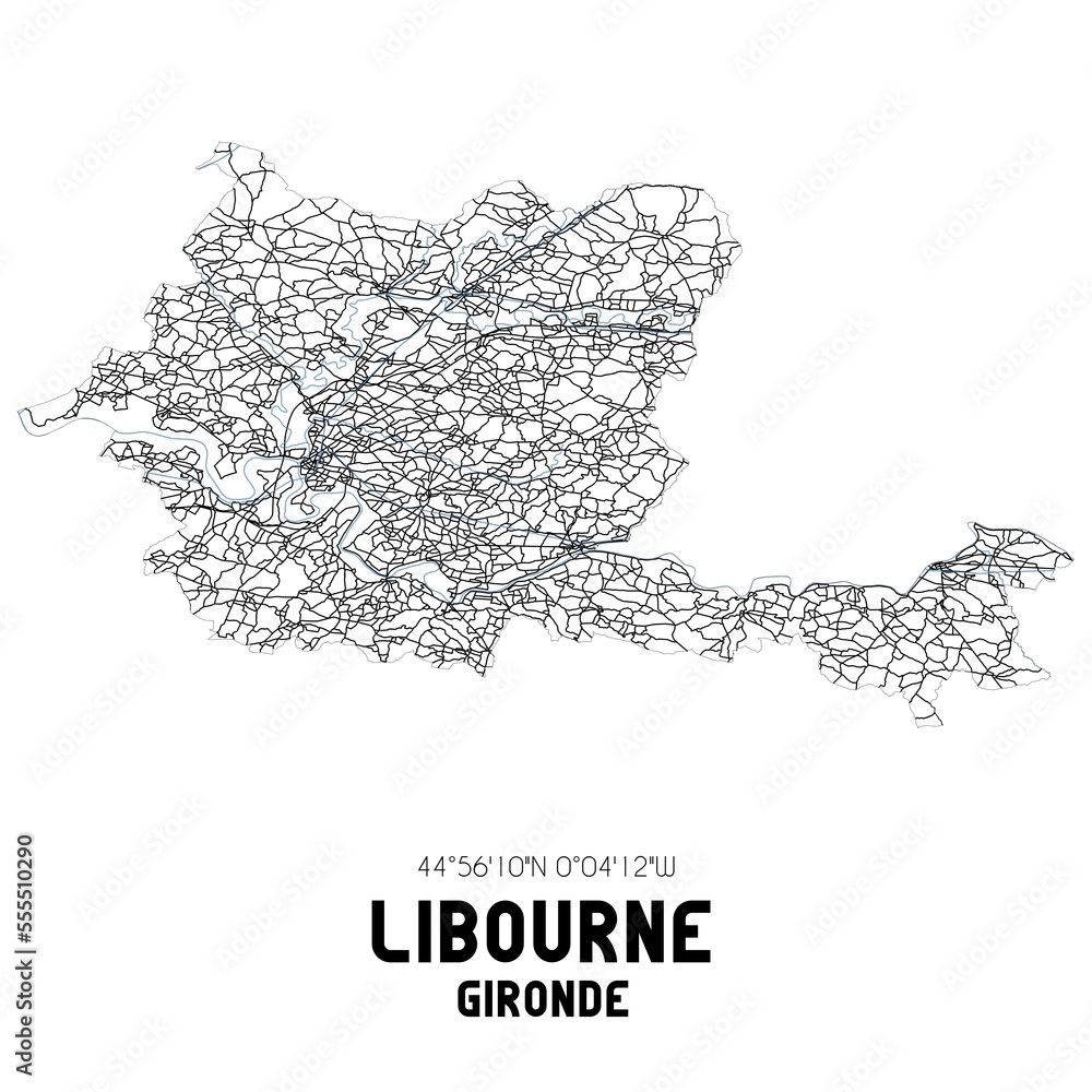 Black and white map of Libourne, Gironde, France. Black and white map of Libourne, Gironde, France.