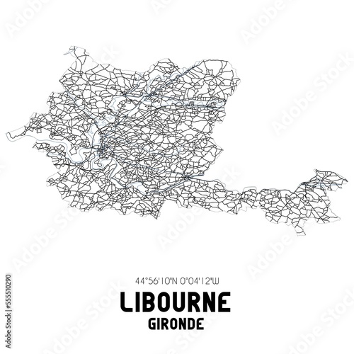 Black and white map of Libourne, Gironde, France.