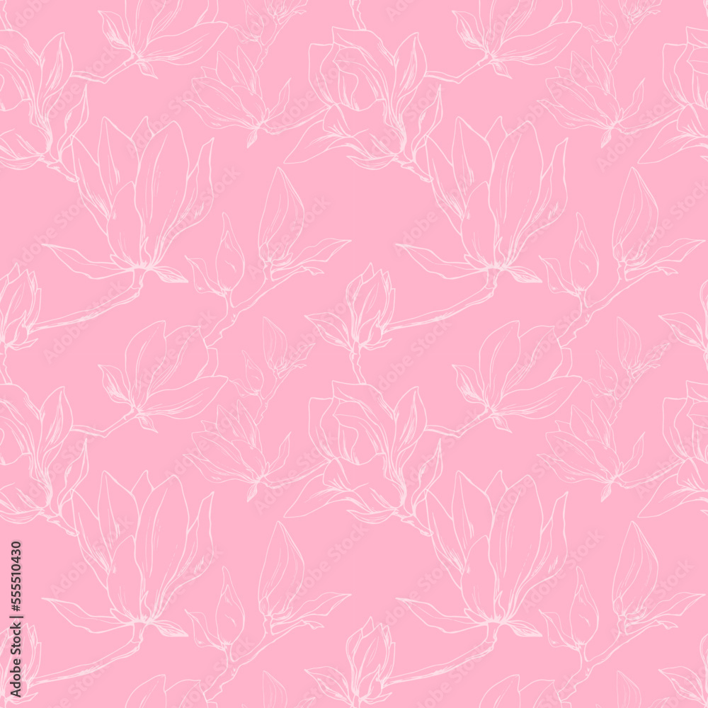 Pink background. Abstraction. Vector seamless pattern of magnolias. Magnolia silhouette. Spring. Bloom. Monochrome. Abstract print. Home textiles. Pink background. Abstraction. Vector seamless pattern of magnolias. Magnolia silhouette. Spring. Bloom. Monochrome. Abstract print. Home textiles.
