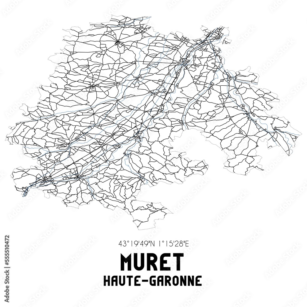 Black and white map of Muret, Haute-Garonne, France.