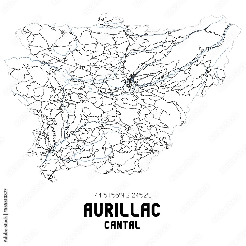 Black and white map of Aurillac, Cantal, France.