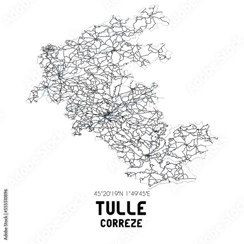 Black and white map of Tulle, Corr�ze, France.