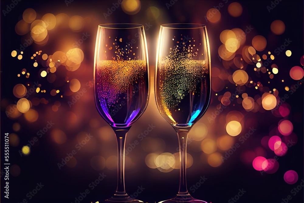 Two glasses of champagne on a dark background. Generative AI Two glasses of champagne on a dark background. Generative AI