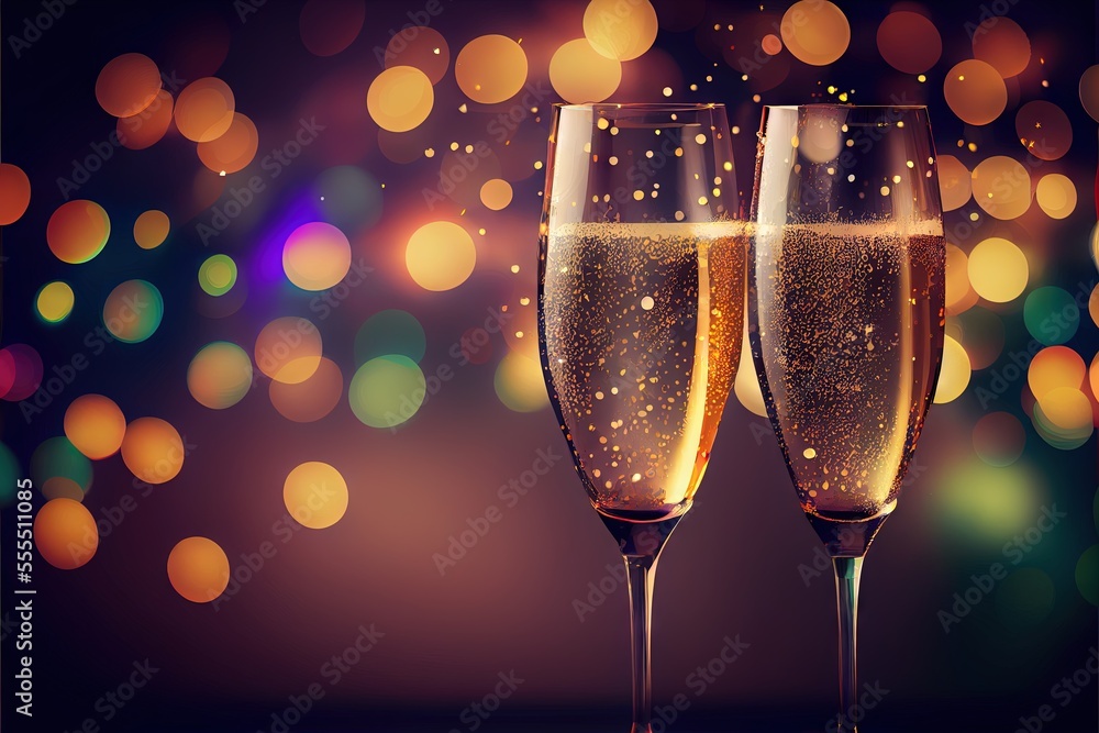 Two glasses of champagne on a dark background. Generative AI Two glasses of champagne on a dark background. Generative AI