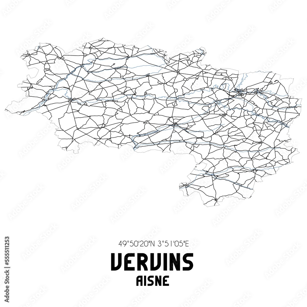 Black and white map of Vervins, Aisne, France. Black and white map of Vervins, Aisne, France.