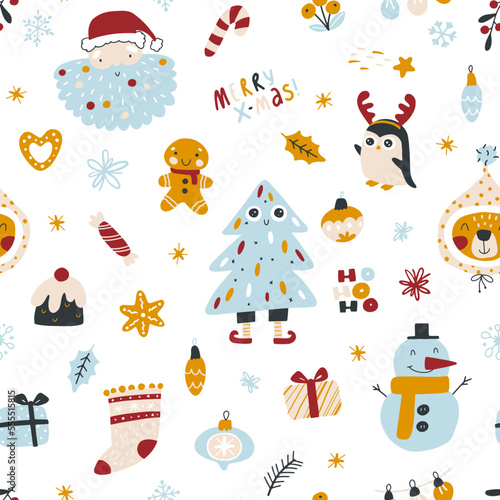 Christmas seamless pattern with traditional symbols and decorative elements. Vector hand-drawn doodle in simple scandinavian cartoon style. limited palette for printing textiles and wrapping paper