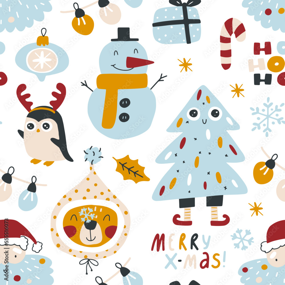 Fototapeta premium Christmas seamless pattern with traditional symbols and decorative elements. Vector hand drawn doodle in simple scandinavian cartoon style. limited palette for printing textiles and wrapping paper