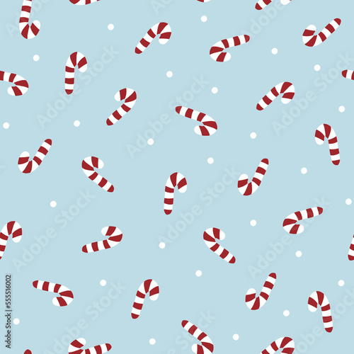 Christmas candy cane seamless pattern with traditional Christmas symbol. Vector hand drawn doodle in simple scandinavian cartoon style. The limited palette is ideal for printing textiles and wrapping