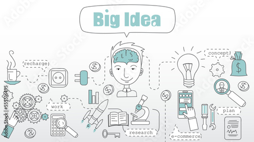 Big Idea concept with Doodle design style :teaching solution, studies, creative ideas. Modern style illustration for web banners, brochure