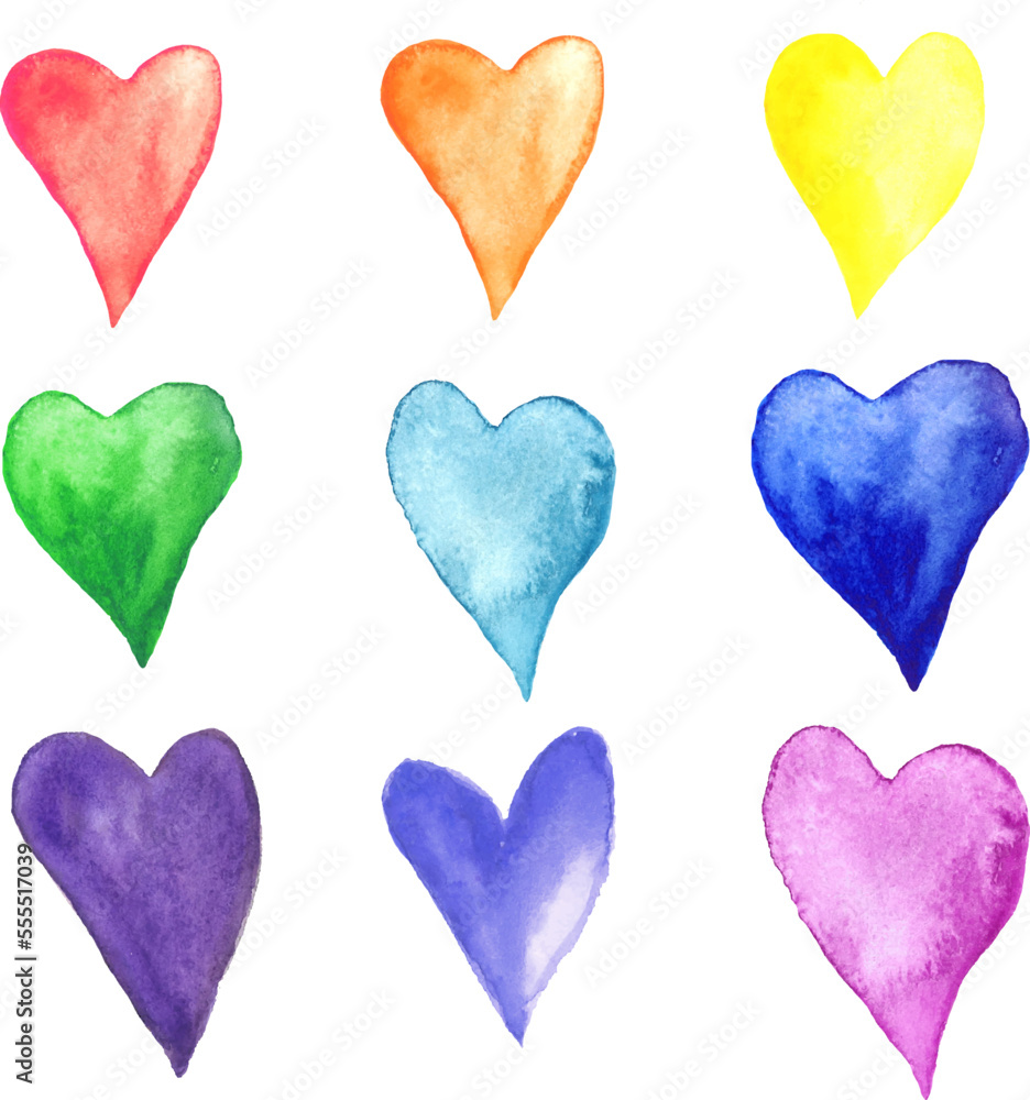 Set of hand painted colorful watercolor hearts. Creative artistic Isolated objects perfect for Valentine's day card or romantic. Vector EPS.