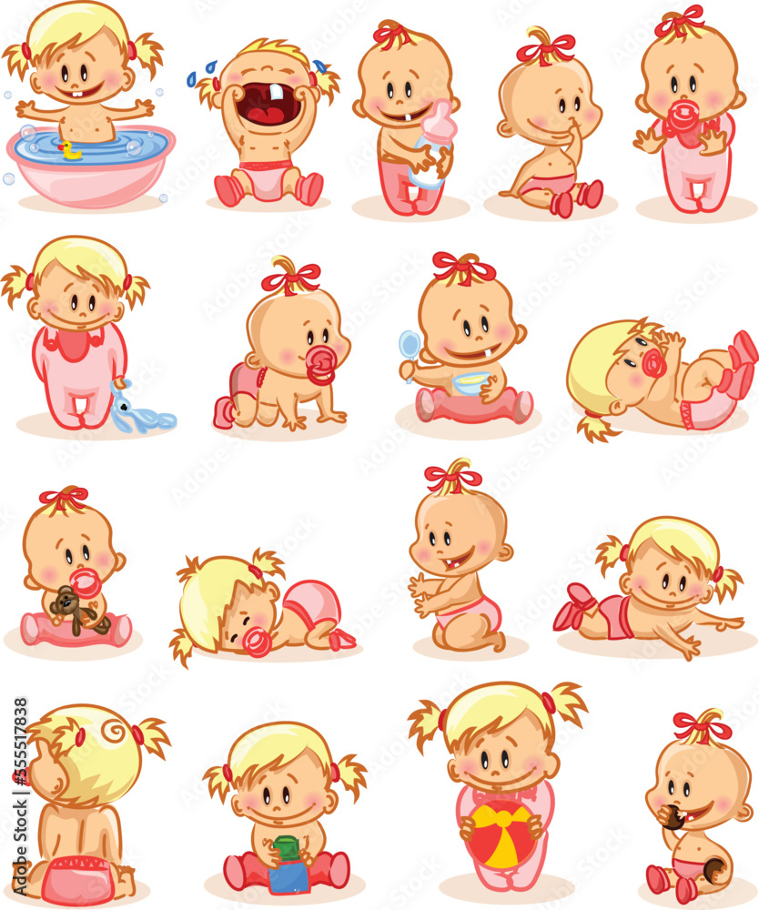 Set with cute little baby in different situations. Playing, sleeping, sitting, lying, crawling baby. Happy smiling newborn boy or girl.