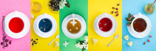 Obraz na plátně Collage of different tea in the white cup on the colored background
