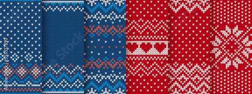 Set of six knitted holiday textures. Red and Blue. Knit seamless pattern. Christmas borders. Blue Xmas prints