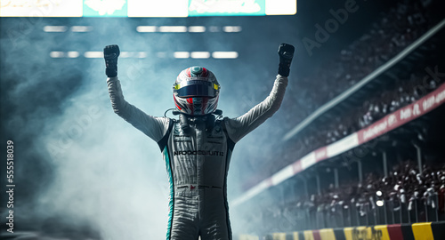 Fényképezés Silhouette of race car driver celebrating the win, gran prix