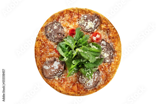 Top view Smoked Ribs pizza with arugula and parmesan cheese