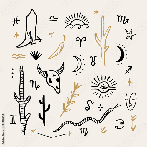 Boho western desert cartoon set. Cowboy boot, bull animal skull, chili pepper, snake, cacti and zodiac astrology symbols. Wild west characters isolated on color background. Vector clip art hand drawn