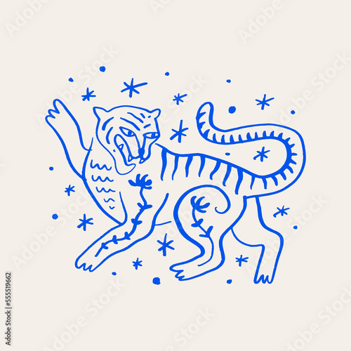 Cute hand drawn artistic Asian oriental tiger artistic boho Chinese mystical style vector