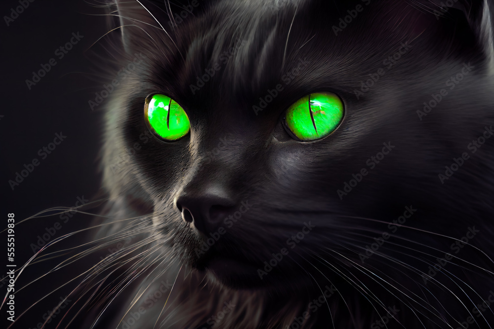 portrait green portrait of black cat with beautiful green eyes.  Generative AI.