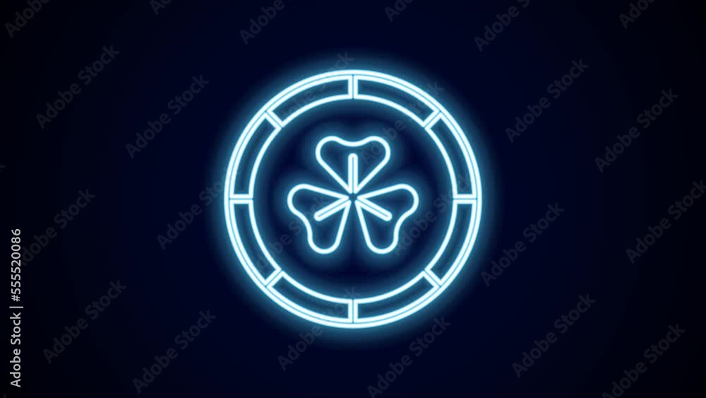 Glowing neon line Golden leprechaun coin with clover trefoil leaf icon isolated on black background. Happy Saint Patricks day. National Irish holiday. 4K Video motion graphic animation Glowing neon line Golden leprechaun coin with clover trefoil leaf icon isolated on black background. Happy Saint Patricks day. National Irish holiday. 4K Video motion graphic animation