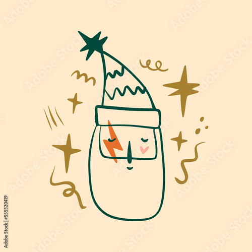 Coll Rock N Rol Santa Claus modern abstract artistic New Year and Christmas illustration. Scandinavian nordic style artisan Noel doodle postcard