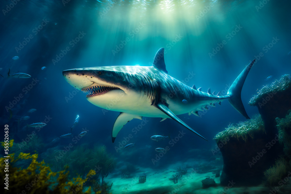 Great White Shark Underwater.  Image created with Generative AI technology.