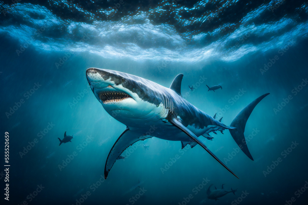 Obraz premium Great White Shark Underwater. Image created with Generative AI technology.