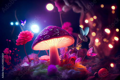 Glowing mushrooms in the night forest. Generative AI.
