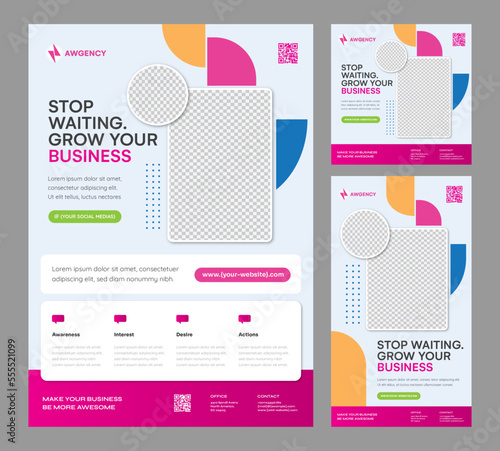 Grow Your Business Flyer, banner, social media square and story templates with rectangle and circle photo placeholder