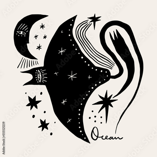 Giant oceanic manta ray boho modern abstract artisan illustration clipart in scandinavian style