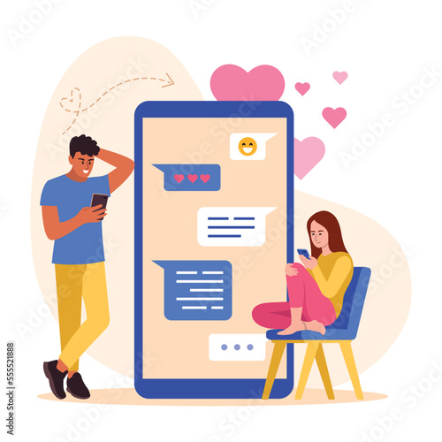 Vector illustration of couple dating. Cartoon scene with a boyfriend and girlfriend who correspond by phone send love messages on white background.