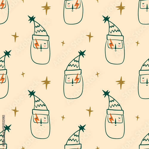 Scandinavian Santa Claus doodle nordic style artisan Noel postcard elements seamless pattern background vector